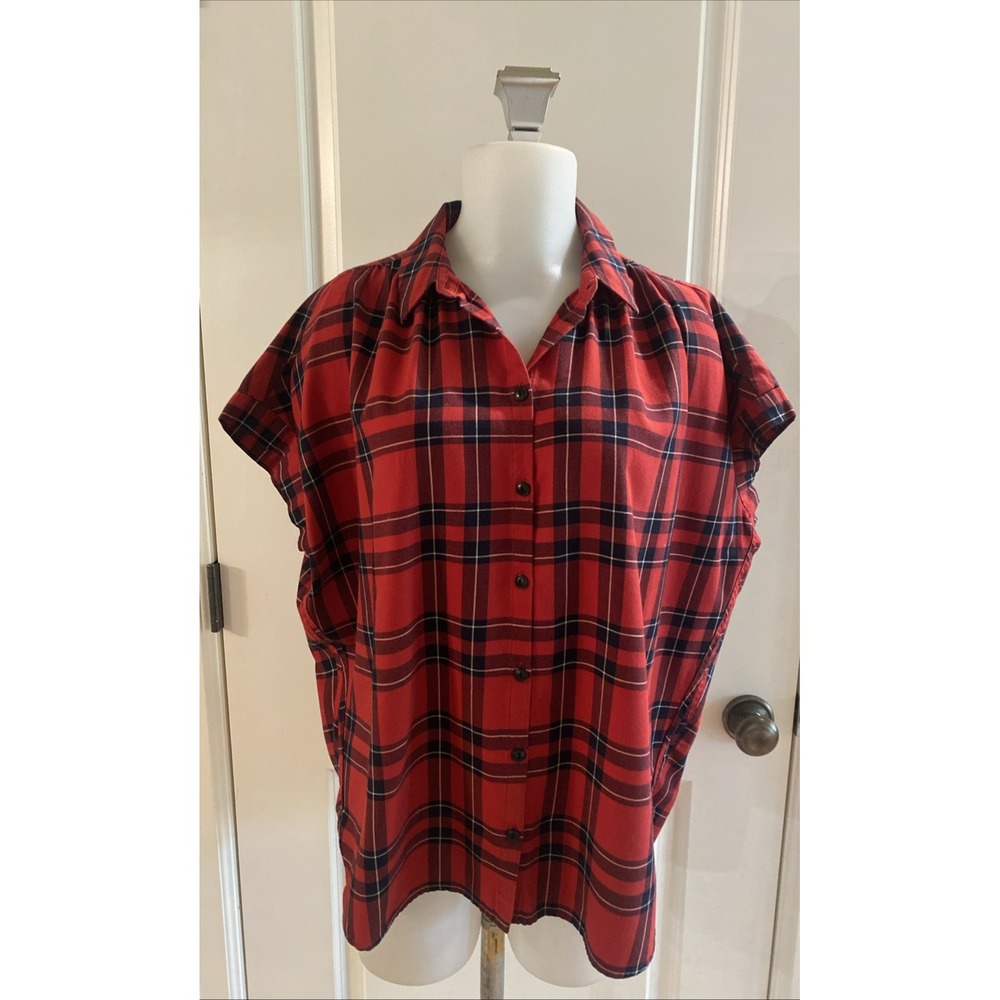 Madewell Plaid Short‎ Sleeve Button Shirt Blouse Black Red Camp Size Medium